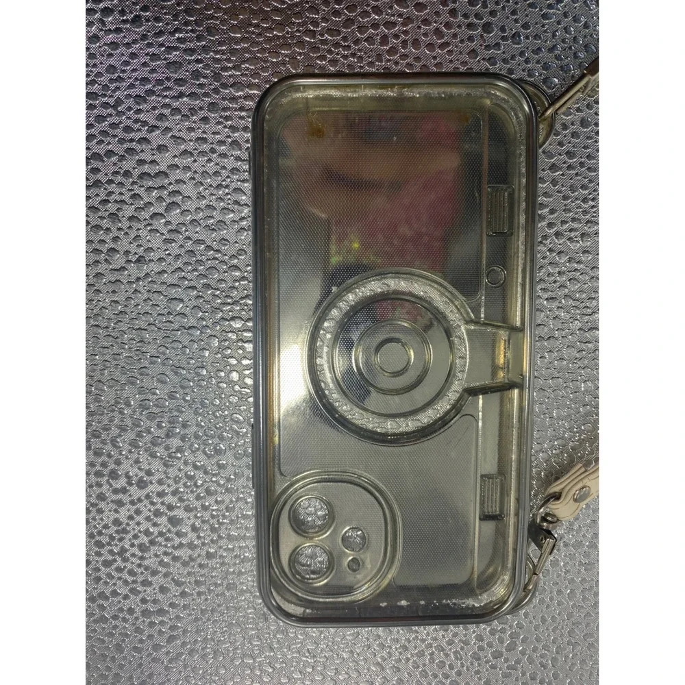Vintage Camera Style iPhone Case with Wrist Strap Cream Silver Retro 3D Design